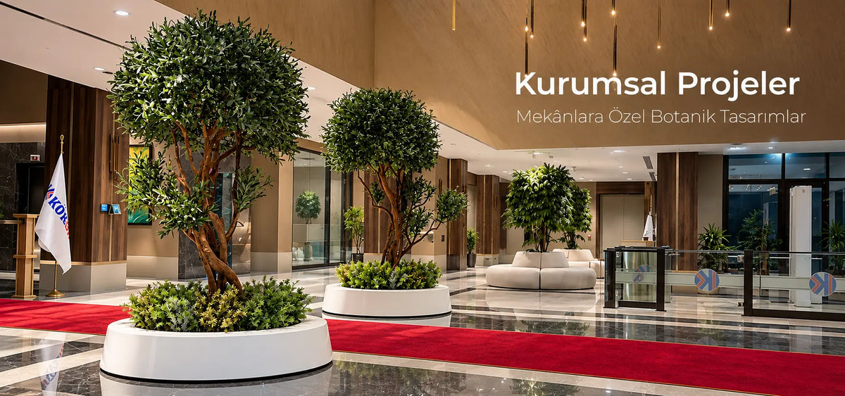 Kurumsal B2B projesi, modern lobi için özel tasarım yapay ağaçlar ve büyük botanik düzenlemeler.slider_item_LzC66a